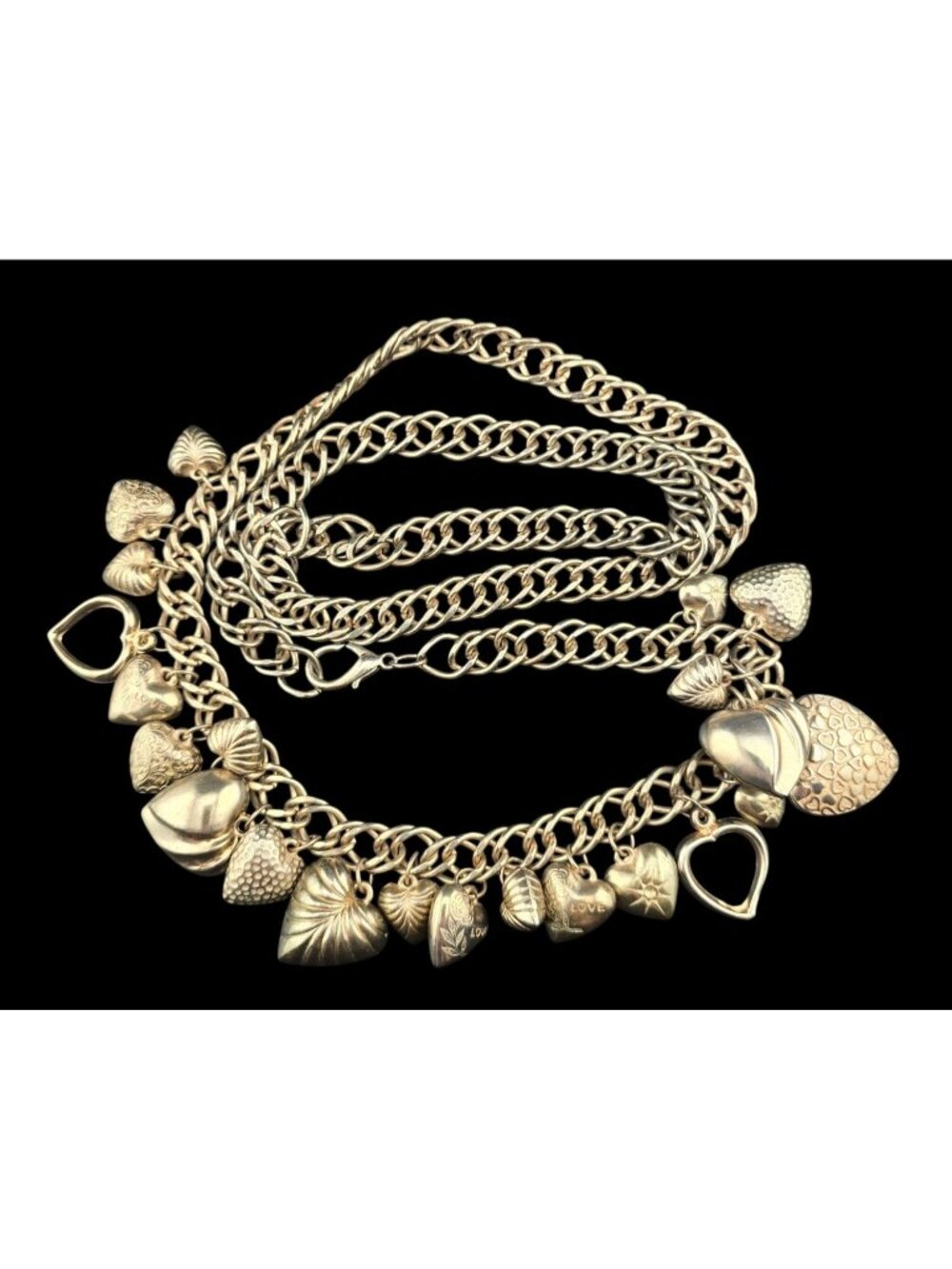 Vintage 40" Puffy Heart Charm Belt/Necklace Large Brassy Gold-Tone 80's